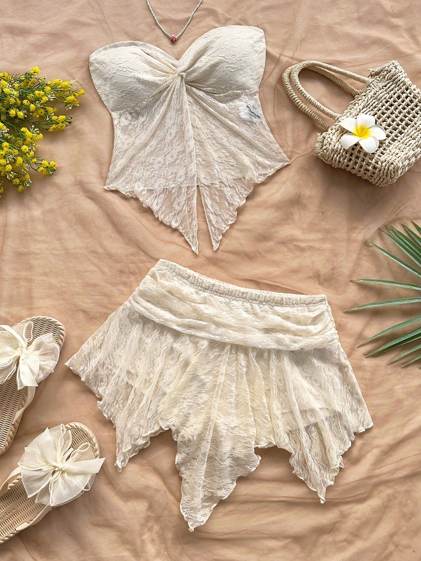 Soleia Women Lace Halter Top and Skirt Set, Apricot Colour, Suitable for Vacation, Beach, Music Festival, Party, Summer Outfit