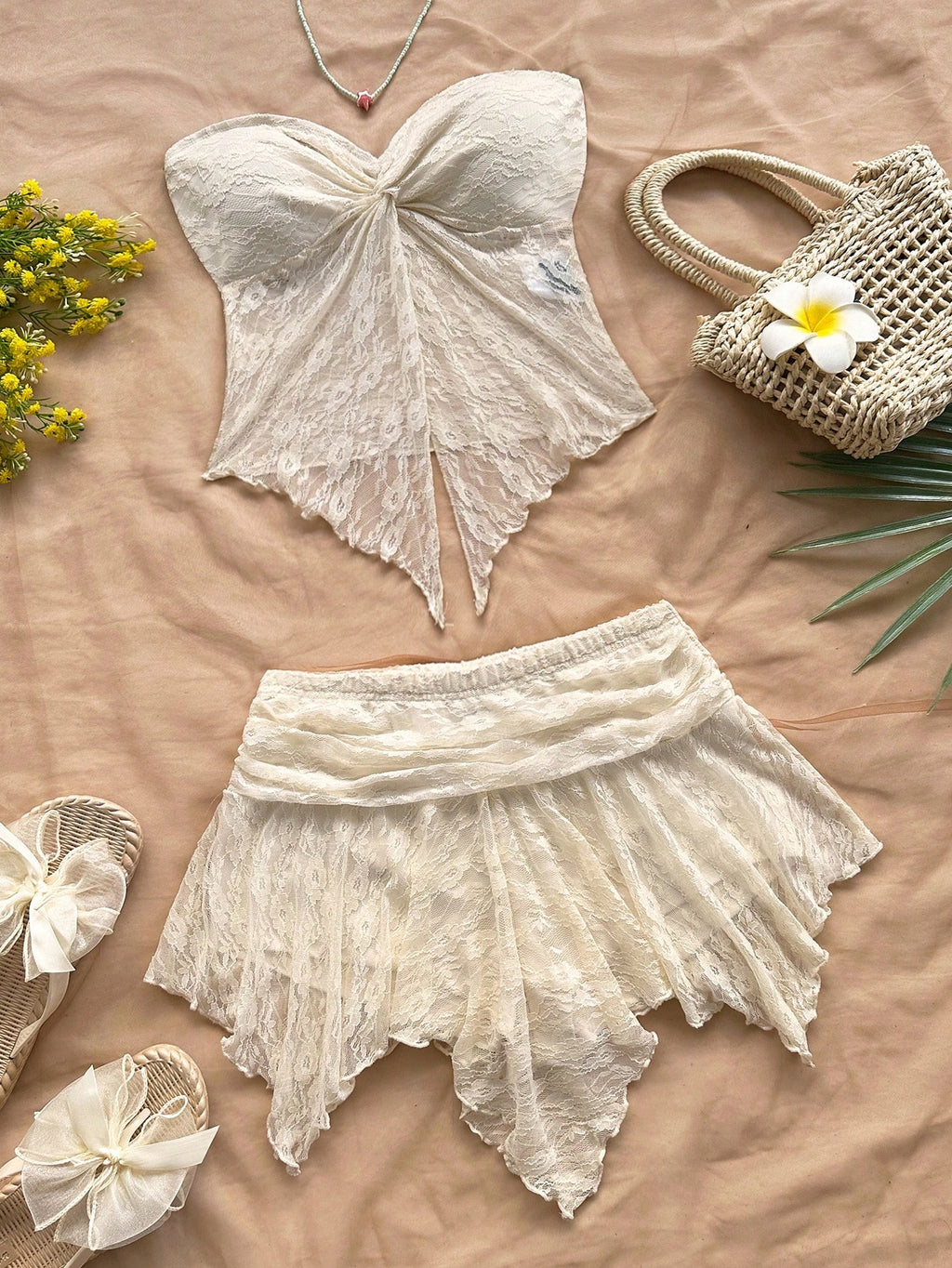 Soleia Women Lace Halter Top and Skirt Set, Apricot Colour, Suitable for Vacation, Beach, Music Festival, Party, Summer Outfit