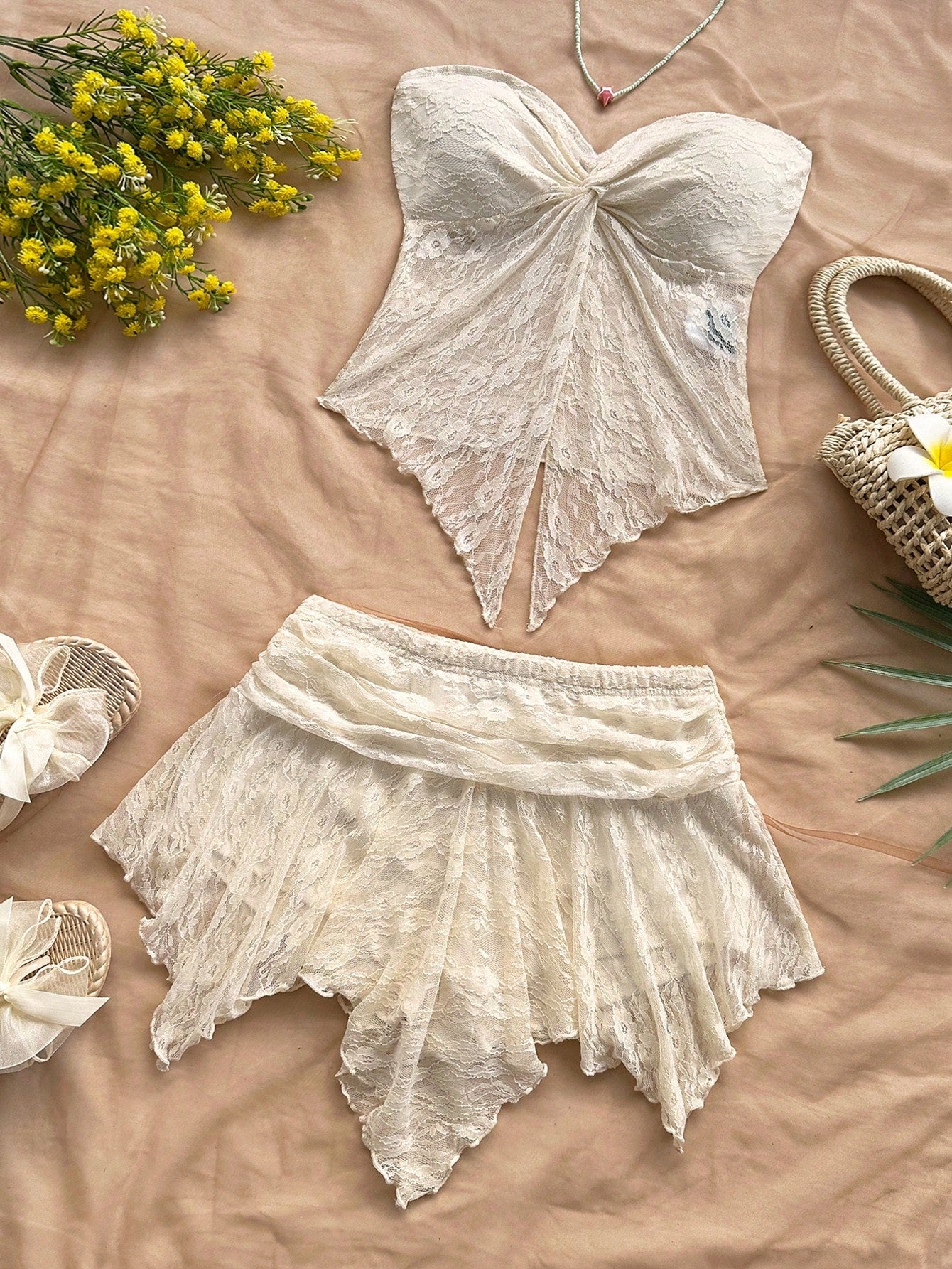 Soleia Women Lace Halter Top and Skirt Set, Apricot Colour, Suitable for Vacation, Beach, Music Festival, Party, Summer Outfit