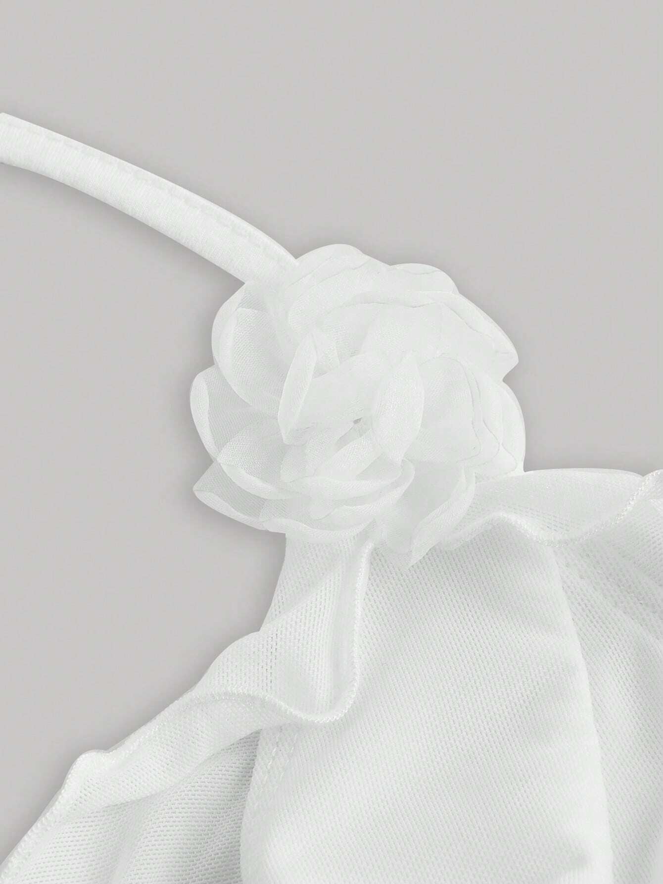 MOD Summer Romantic White Ruffle Edge Ribbon and 3D Flower Tie Neck Top Summer Women Tops Concert Women Outfit Sexy Outfits