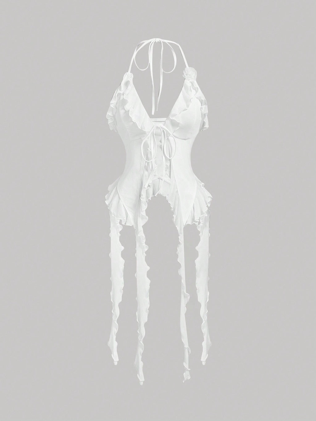 MOD Summer Romantic White Ruffle Edge Ribbon and 3D Flower Tie Neck Top Summer Women Tops Concert Women Outfit Sexy Outfits