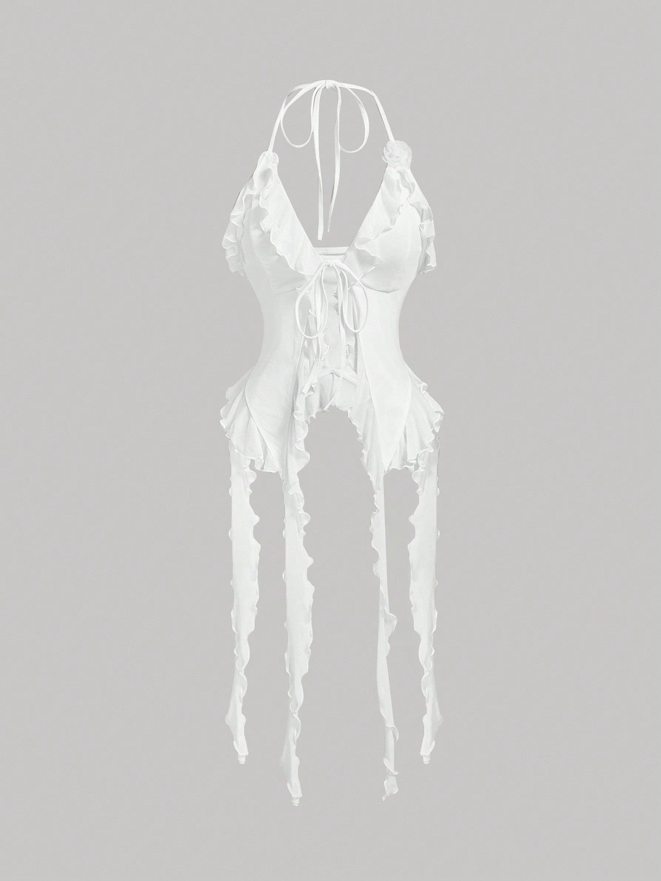 MOD Summer Romantic White Ruffle Edge Ribbon and 3D Flower Tie Neck Top Summer Women Tops Concert Women Outfit Sexy Outfits