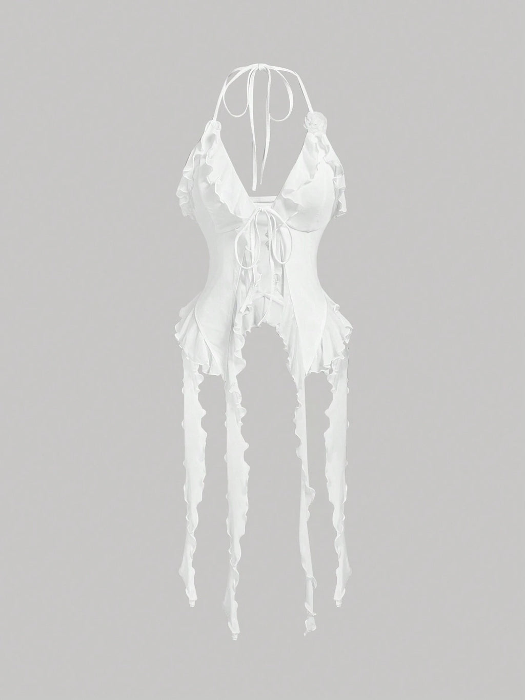 MOD Summer Romantic White Ruffle Edge Ribbon and 3D Flower Tie Neck Top Summer Women Tops Concert Women Outfit Sexy Outfits