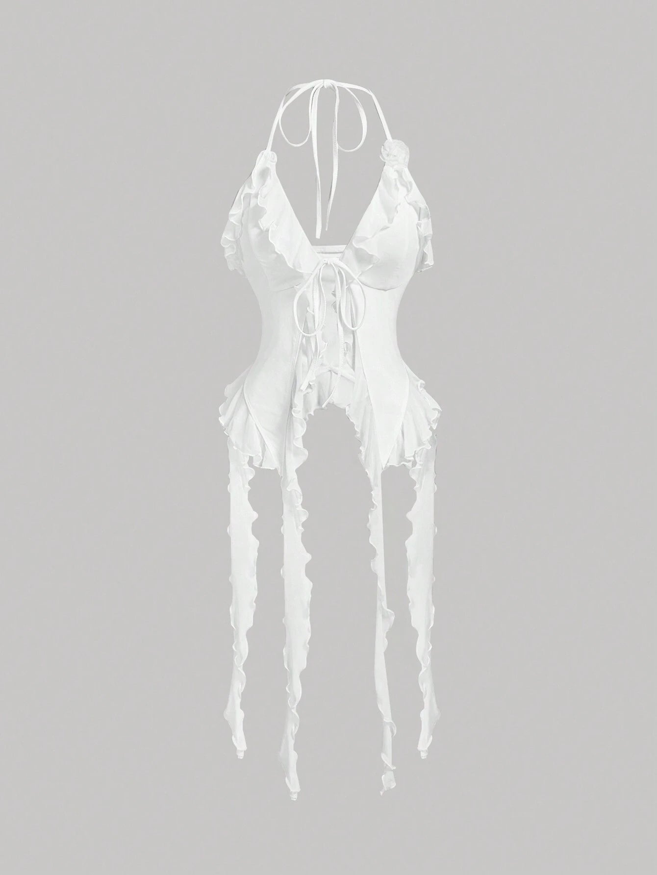 MOD Summer Romantic White Ruffle Edge Ribbon and 3D Flower Tie Neck Top Summer Women Tops Concert Women Outfit Sexy Outfits