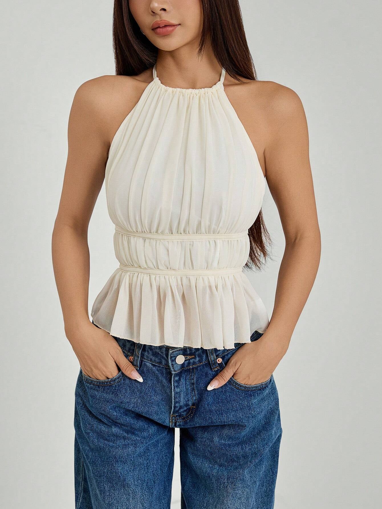 PETITE Women'S Pleated Halter Neckline Waist-Tied Backless Tank Top