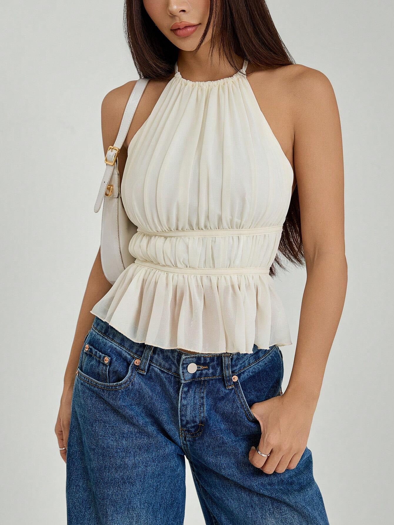 PETITE Women'S Pleated Halter Neckline Waist-Tied Backless Tank Top