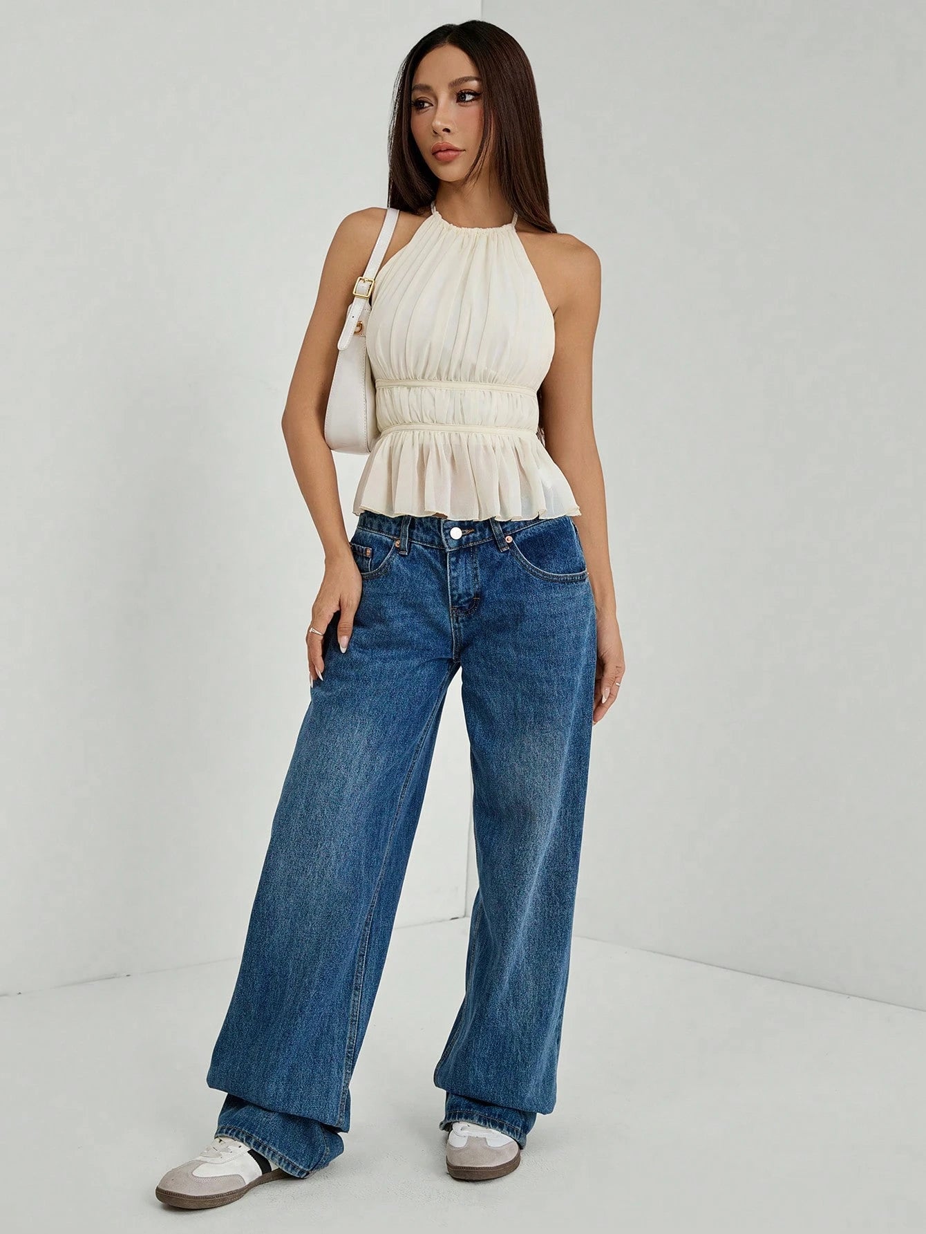 PETITE Women'S Pleated Halter Neckline Waist-Tied Backless Tank Top