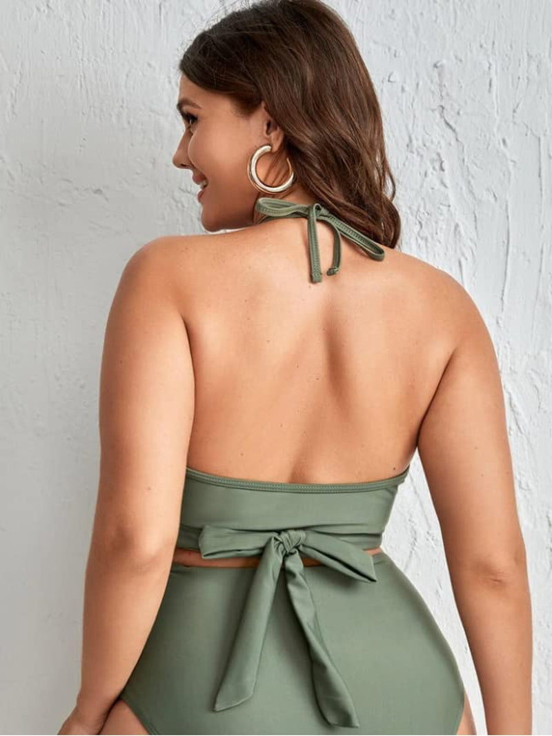 Plus Size Swimsuit for Women Tummy Control Halter Bikini Top High Waisted Bikini Bathing Suits