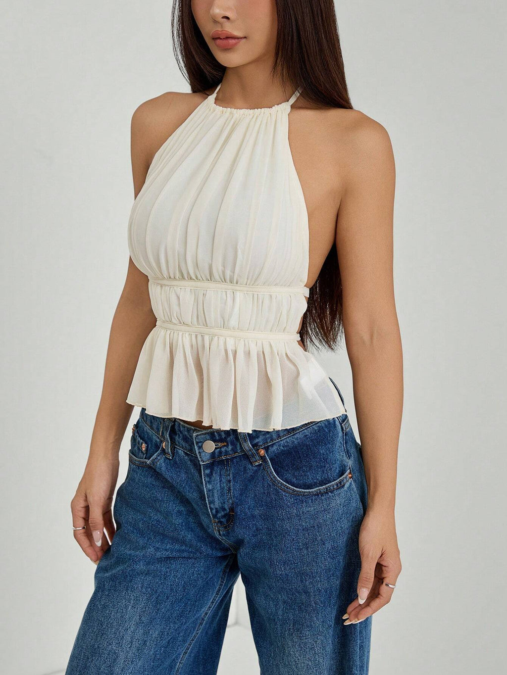 PETITE Women'S Pleated Halter Neckline Waist-Tied Backless Tank Top
