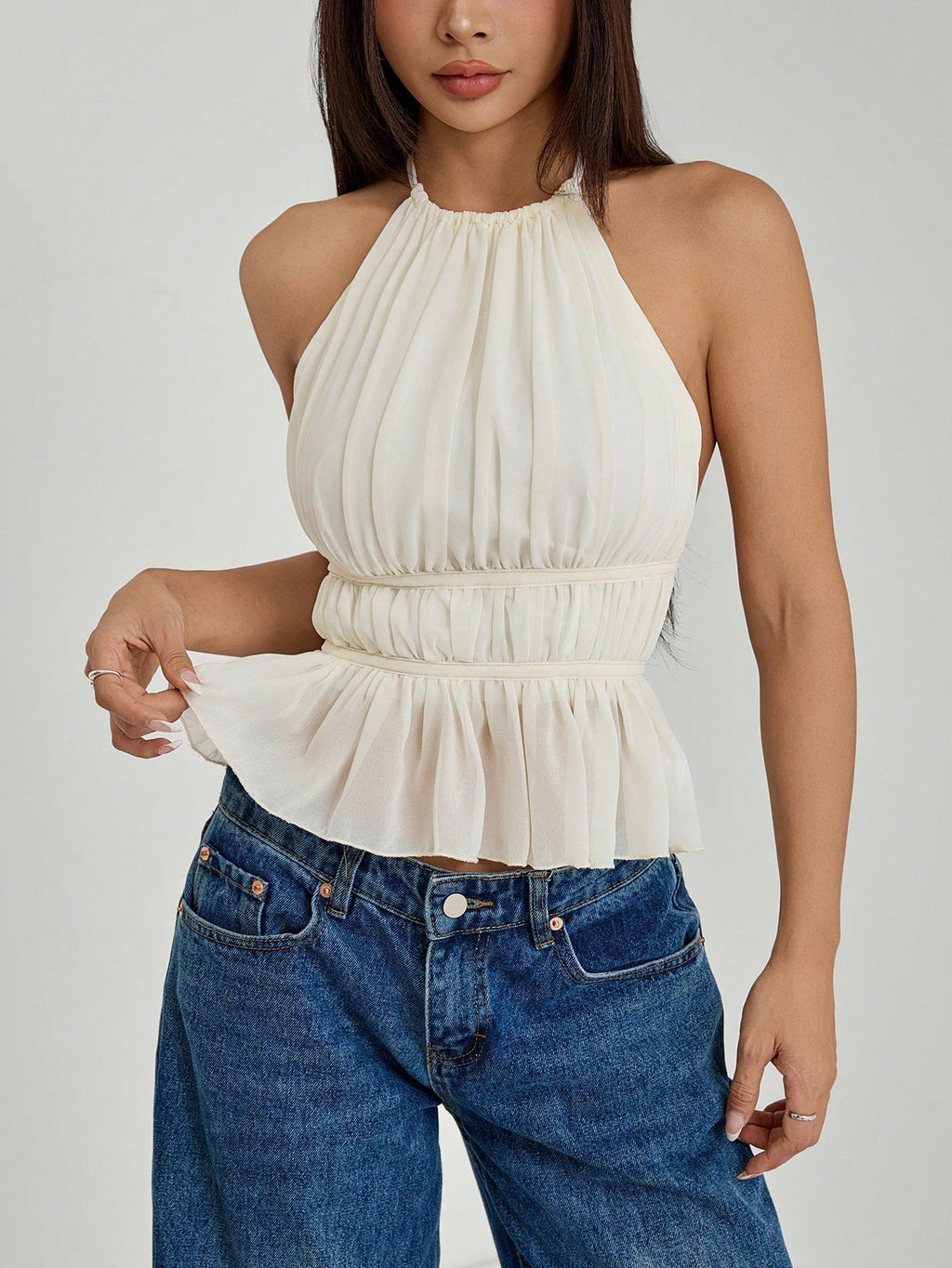 PETITE Women'S Pleated Halter Neckline Waist-Tied Backless Tank Top